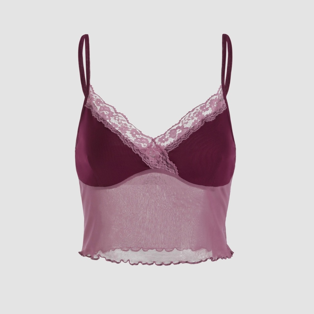 Pink Lace Trimmed Mesh Top